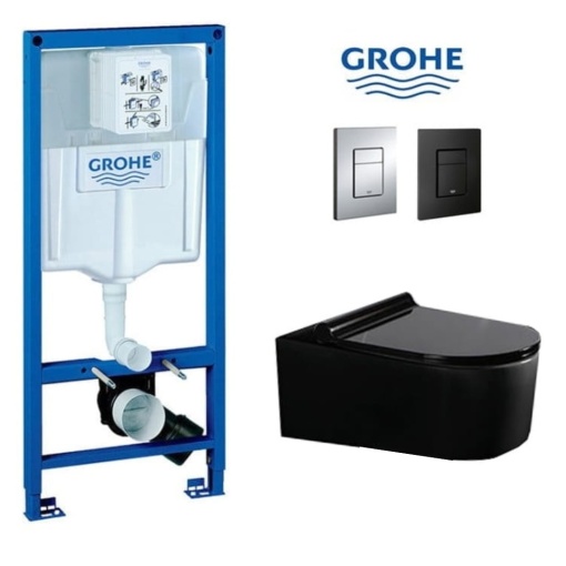 Set Vas WC PRO GROHE, Montaj Suspendat, Ceramica Sanitara, Vas WC LORENT BLACK RIMLESS + Capac Soft-Close SLIM Inclus + Cadru + Clapeta
