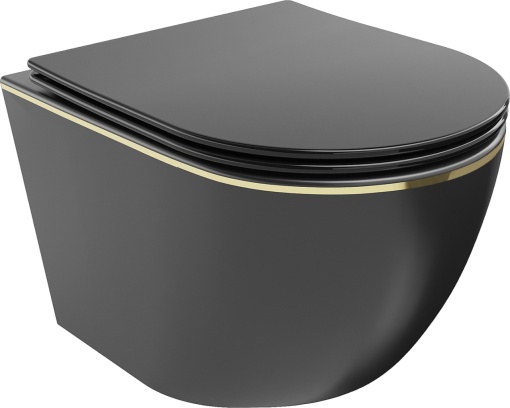 Set Vas Wc PRO Lena carlo Negru Mat/Auriu , Tehnologie Rimless, Capac slim cu inchidere lenta