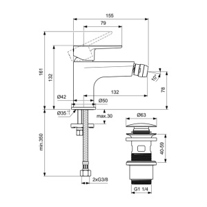 Baterie bideu Ideal Standard Cerafine O rose mat cu ventil Click-Clack - Img 4