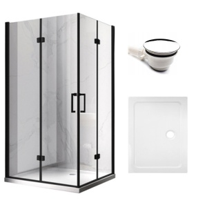 Cabina de dus dreptunghiulara cu rame negre si cadita de dus alba KZ12A-ST03E 90 x 80 cm