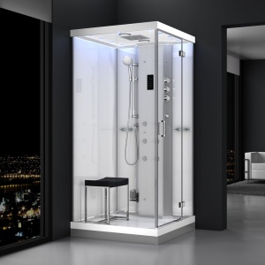 Cabina de dus MUE-H1000-12R montaj dreapta, alba cu hidromasaj si sauna cu aburi 100 x 100 x 217 cm