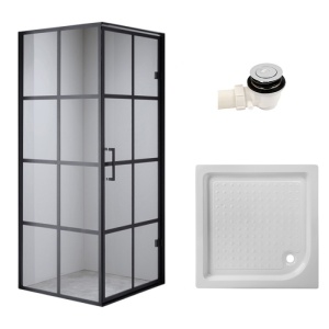 Cabina de dus patrata din sticla securizata cu rame negre si cadita alba antialunecare BS10A/SXL02A 80 x 80 cm