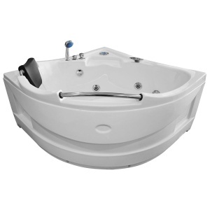 Cada de baie cu hidromasaj de colt MO-0203, 135 x 135 x 75 cm, cromoterapie, radio Bluetooth, alb