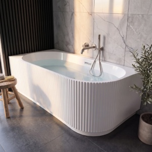 Cada de baie striata, montaj stanga, Rio 504C 160 x 75 cm, alb lucios, ventil cromat si fanta LED - Img 2