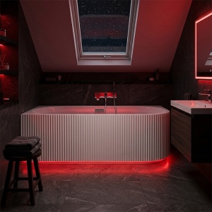 Cada de baie striata, montaj stanga, Rio 504C 160 x 75 cm, alb lucios, ventil cromat si fanta LED - Img 12