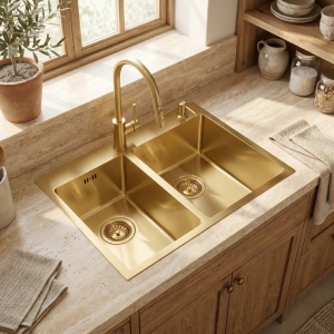 Chiuveta bucatarie cu doua cuve inox Toby Brush Gold - Img 5