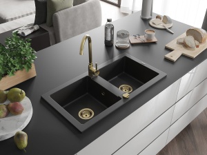 Chiuveta bucatarie din granit cu 2 cuve. 820X436mm, negru cu sifon auriu - Img 4