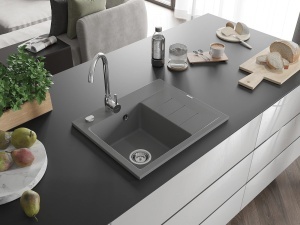 Chiuveta bucatarie din granit cu o cuvă ,montaj stânga 600 x 500 mm, gri, sifon crom, Ben - Img 2