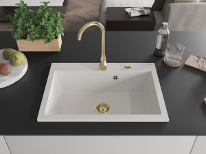Chiuveta bucatarie Elix, granit, alb, sifon auriu, dimensiune 70x50cm - Img 3