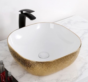 Chiuveta de blat PRO ERA ATLANTA, Dimensiuni 42.5 X 42.5 x 14.5 cm, Forma PATRATA, Ceramica sanitara, Fara gaura baterie, Piele de sarpe alb-auriu - Img 3