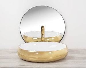 Chiuveta De Blat REA MELANIA WHITE / GOLD, Dimensiuni 60 X 40.5 X 14.5 Cm, Design Deosebit, Forma Ovala, Ceramica Sanitara, Alb/Auriu - Img 3