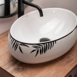 Chiuveta de blat REA SHILA, Dimensiuni 49 x 34 x 14.5 cm, Forma Ovala, Ceramica sanitara, Alb/Negru - Img 2