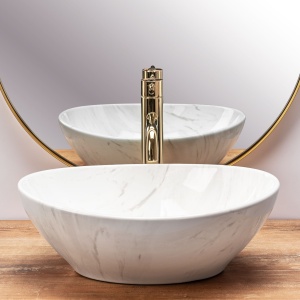 Chiuveta De Blat REA SOFIA CALALA, Dimensiuni 41 X 33.5 X 15 Cm, Montaj Pe Blat, Design Deosebit, Forma Ovala, Ceramica Sanitara, Alb / Gri - Img 6