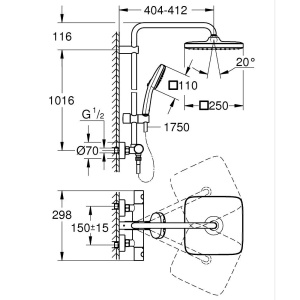 Coloana de dus Grohe Tempesta 250 Cube cu baterie termostatata crom lucios - Img 6