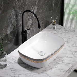 Lavoar ceramic dreptunghiular alb cu decoratiuni gri-aurii si montaj pe blat Milo White Gloss 45 x 32 cm - Img 6