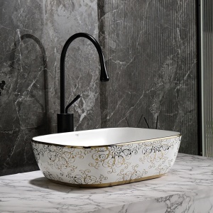 Lavoar ceramic dreptunghiular alb cu detalii florale aurii Milo White Gloss 45 x 32 cm - Img 10