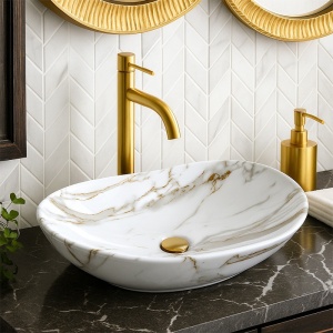 Lavoar ceramic oval alb marmorat cu montaj pe blat Lavi White Gloss 62 x 36 cm - Img 2