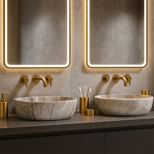 Lavoar ceramic oval cu fixare pe blat Neo Marble Grey Matt 48 x 34 cm - Img 15