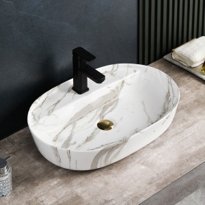 Lavoar ceramic oval cu montaj pe blat, marmura alb lucioasa Emi White Gloss 60 x 40 cm - Img 7