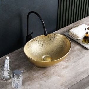Lavoar ceramic oval cu montaj pe blat si structura aurita Lumo 40 x 33 cm - Img 2