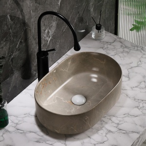 Lavoar ceramic oval din marmura bej cu montaj pe blat Navi 46 x 31 cm - Img 4