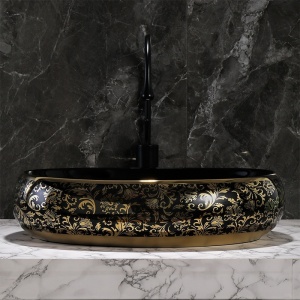 Lavoar ceramic oval negru cu decoratiuni aurii si montaj pe blat Cari 60 x 40 cm - Img 4