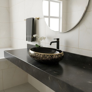 Lavoar ceramic oval negru cu decoratiuni aurii si montaj pe blat Cari 60 x 40 cm - Img 14