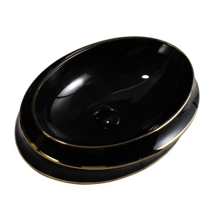 Lavoar ceramic oval negru cu linii aurii si montaj pe blat Yoko Black Gloss 60 x 40 cm - Img 9