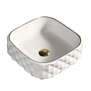 Lavoar ceramic patrat alb cu decoratii aurii si montaj pe blat Pearl White 40 x 40 cm