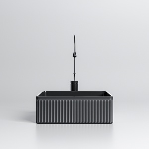Lavoar ceramic patrat cu caneluri si montaj pe blat Aura Black Gloss 37 x 13 cm - Img 4