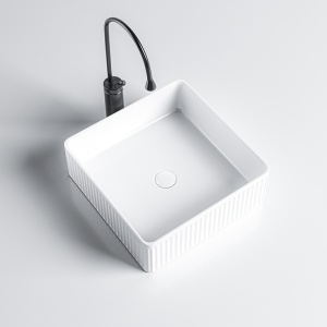 Lavoar ceramic patrat cu caneluri si montaj pe blat Aura White Gloss 37 x 37 cm - Img 3