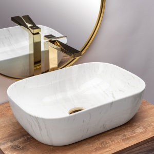 Lavoar De Blat REA BELINDA CALALA SHINY MARBLE, Dimensiuni 46 X 32 X 12.5 Cm, Montaj Pe Blat, Design Deosebit,Ceramica Sanitara, Alb - Img 3