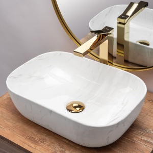 Lavoar De Blat REA BELINDA CALALA SHINY MARBLE, Dimensiuni 46 X 32 X 12.5 Cm, Montaj Pe Blat, Design Deosebit,Ceramica Sanitara, Alb - Img 7