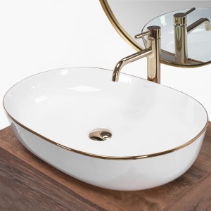 Lavoar De Blat REA CLEO ALB cu MARGINEA AURIE, Dimensiuni 60.5 X 41 X 14 Cm, Montaj Pe Blat, Forma Ovala, Ceramica Sanitara, Alb/Auriu - Img 3