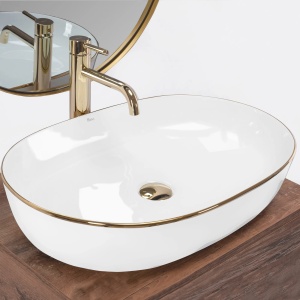 Lavoar De Blat REA CLEO ALB cu MARGINEA AURIE, Dimensiuni 60.5 X 41 X 14 Cm, Montaj Pe Blat, Forma Ovala, Ceramica Sanitara, Alb/Auriu - Img 6