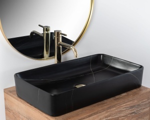 Lavoar De Blat REA DENIS BLACK STONE MATT, Dimensiuni 61 X 35 X 11 Cm, Montaj Pe Blat, Design Deosebit, Ceramica Sanitara, Negru Mat - Img 6