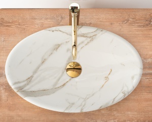 Lavoar de blat REA PAMELA AJAX SHINY, 53x 33x 15 cm, Montaj Pe Blat, Design Deosebit, Forma Rotunda, Ceramica Sanitara, Alb imitatie piatra - Img 4