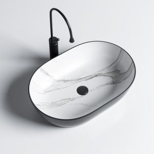Lavoar oval ceramic cu fixare pe blat din marmura neagra mata si alb la interior Neo 60 x 42 cm - Img 2