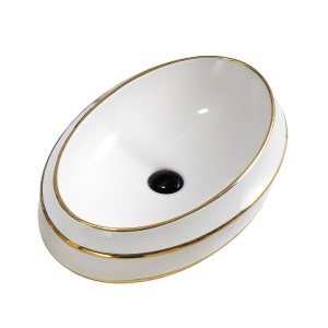 Lavoar oval cu montaj pe blat Yoko, alb cu rame aurii lucioase 60 x 40 cm - Img 7