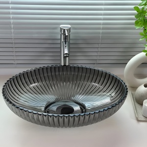 Lavoar oval din sticla cu caneluri Brillant Platinium Black Gloss 51 x 35 cm - Img 3