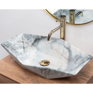 Lavoar REA VEGAS Granit Shiny, 57x37x12cm, montaj pe blat, design deosebit, ceramica sanitara, Gri - Img 4
