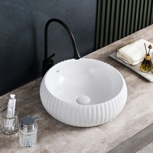 Lavoar rotund cu fixare pe blat alb lucios si caneluri Naomi White Gloss 40 x 15 cm - Img 2