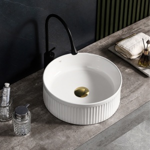 Lavoar rotund cu fixare pe blat, din ceramica, canelat, Lava White Gloss 37 x 13 cm - Img 6