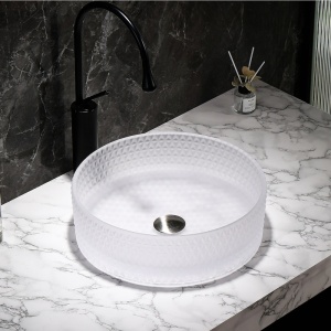 Lavoar rotund din sticla alb-transparenta si texturata cu montaj pe blat Brillant 40 x 12 cm - Img 8
