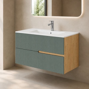 Mobilier pentru lavoar pe blat Fluminia Malta riflat salvia 100 cm - Img 2