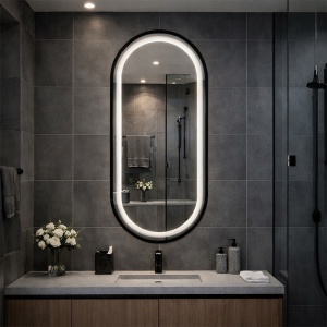 Oglinda ovala cu LED in 3 culori si rama neagra Aurelia 40 x 80 cm - Img 6