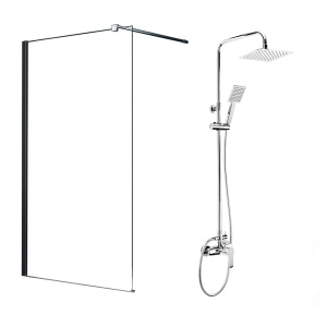 Pachet paravan dus Walk-In Mediterraneo Black Crom, 100x200 cm si coloana de dus Deante Corio Crom