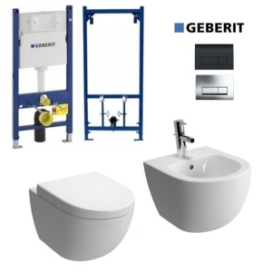 Set Bideu si Vas WC PRO GEBERIT, montaj suspendat, Vas WC VERONA Minerva RIMLESS + Bideu + Capac Soft-Close Inclus STANDARD + Cadru + Clapeta - Img 1