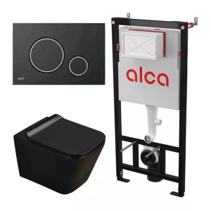 Set rezervor WC cu cadru incastrat Alcadrain AM101/1120 si clapeta M778 negru plus vas WC Fluminia Paris cu capac softclose - Img 1