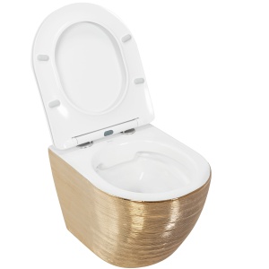 Set Vas WC REA CARLO BRUSH GOLD Si Lavoar REA SOFIA GOLD, Lavoar 41 X 34.5 X 15 cm,Vas WC 49 X 37 X 33 Cm, Scaun Soft-Close Inclus, Auriu/Alb - Img 8